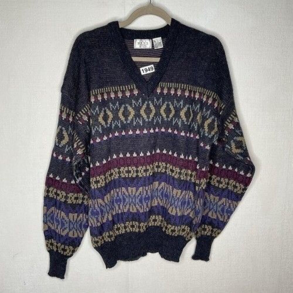 VTG 80/90s Sears Abstract Striped Ribbed Pull Over V-Neck Sweater Men Size Large
